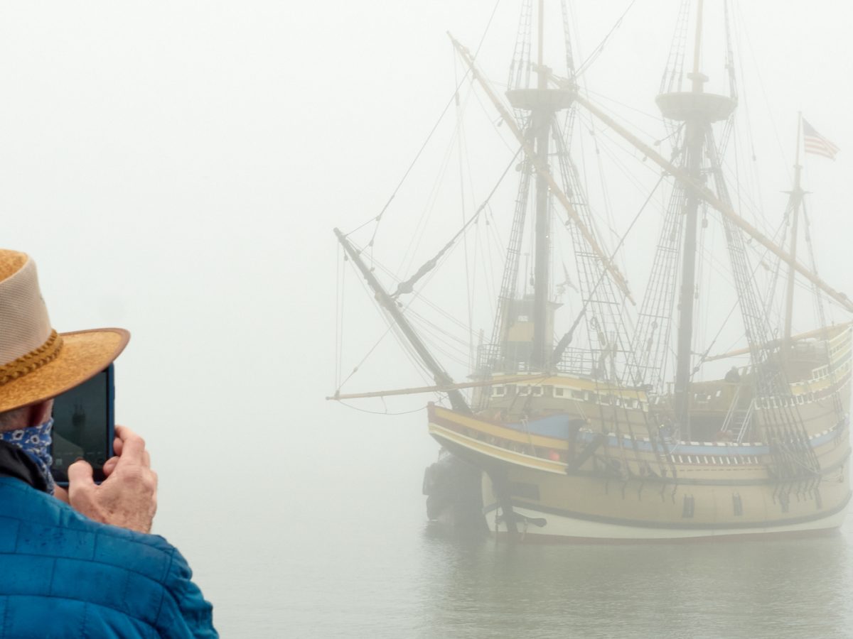 Mayflower II returns to a foggy Plymouth Harbor